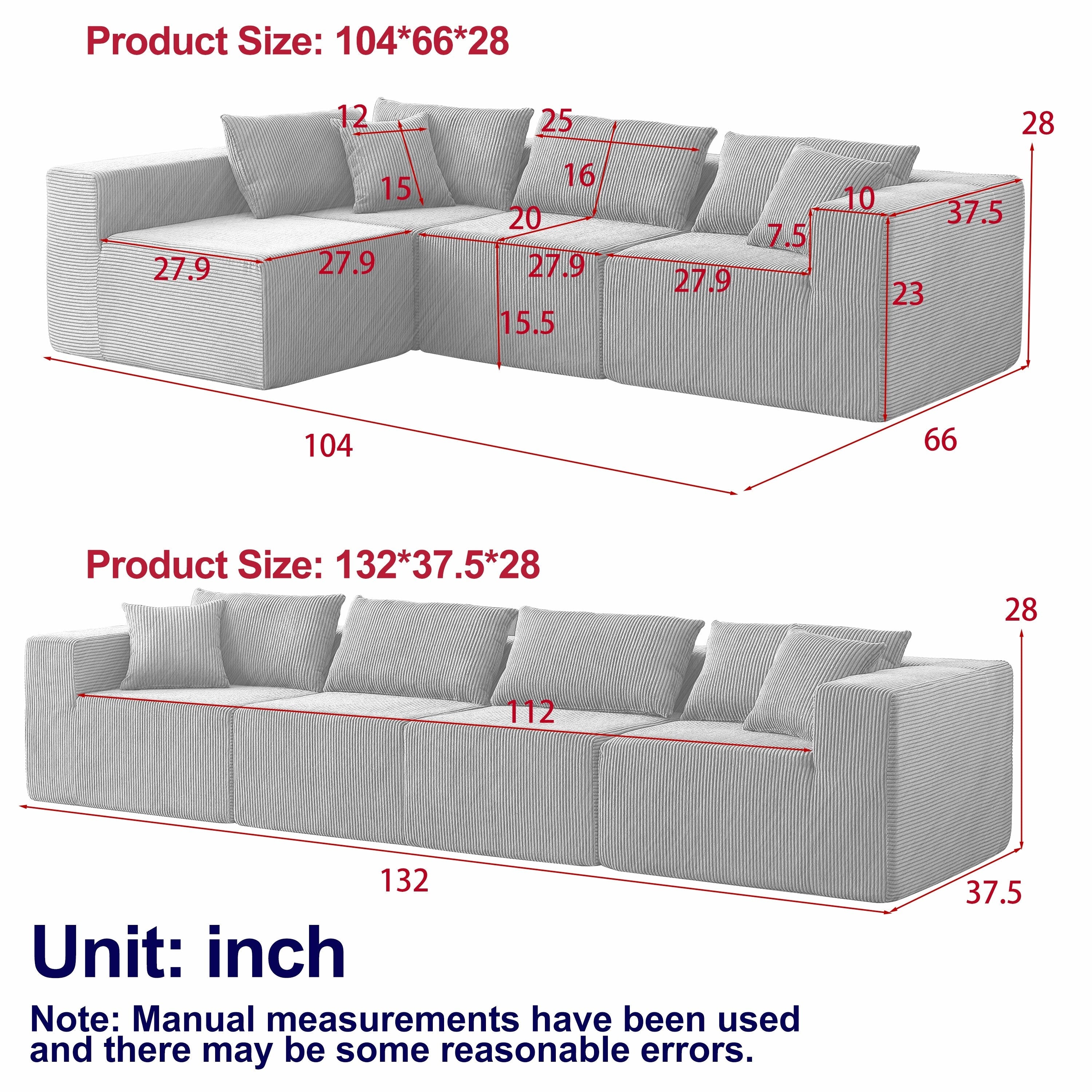 104-Inch Corduroy Modular L Shaped Sectional Sofa,Floor Couch Set,Foam-Filled Compressed Sofa,4 PC Free Combination