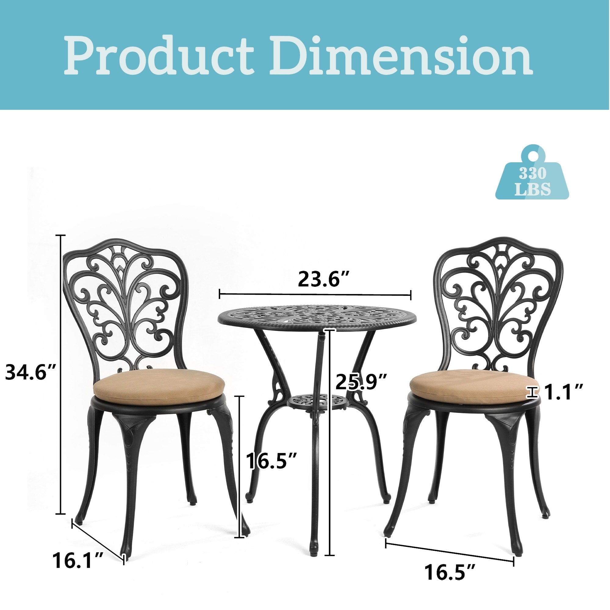 3-Piece Aluminum Outdoor Patio Butterfly Table and Chairs with Umbrella Hole