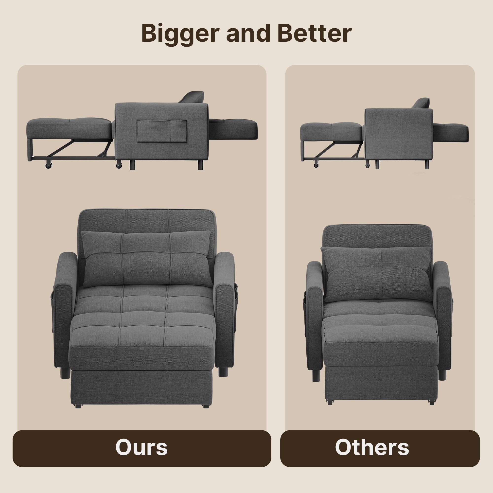 3-in-1 Pull-Out Sofa Bed Sleeper Chair , Convertible Adjustable Foldable Upholstered Lounge Couch