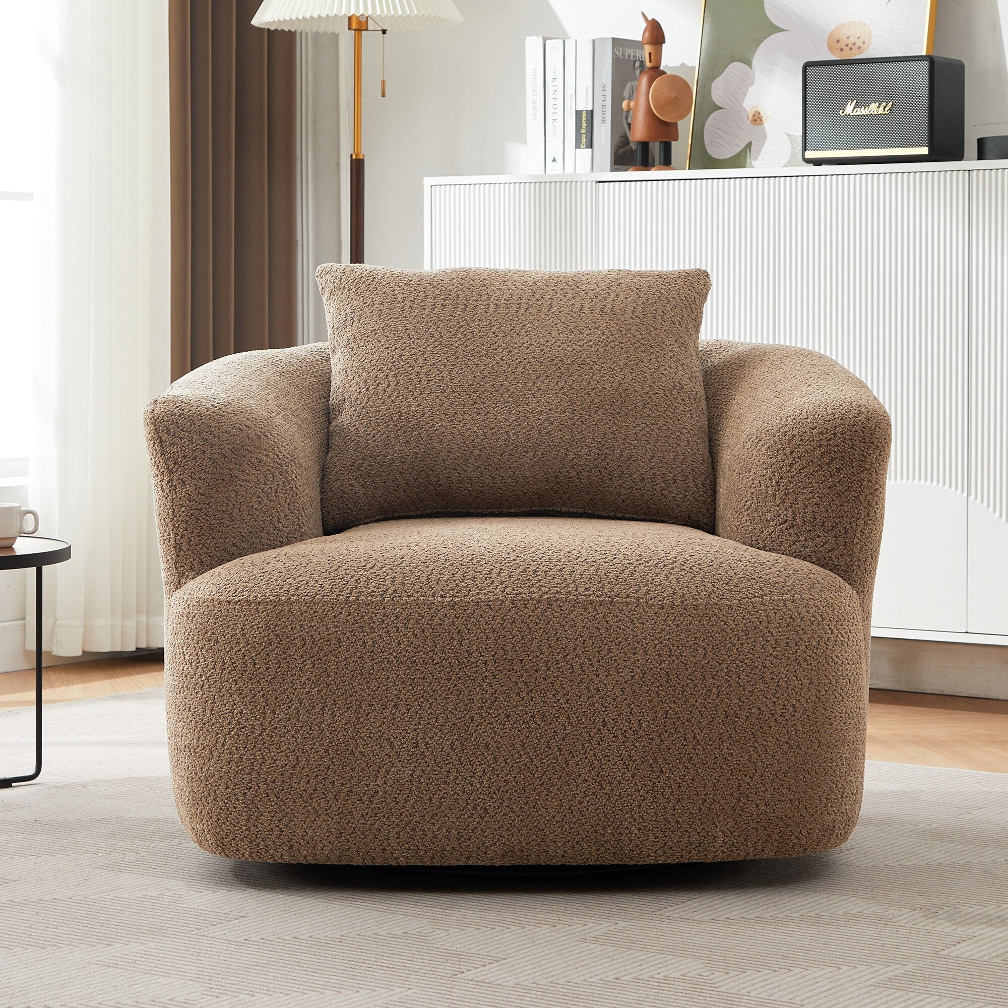 360¡ã Swivel Chair, 38.2 Boucle Accent Chair with Throw Pillow, Upholstered Barrel Sofa Chair with Curved Armrests