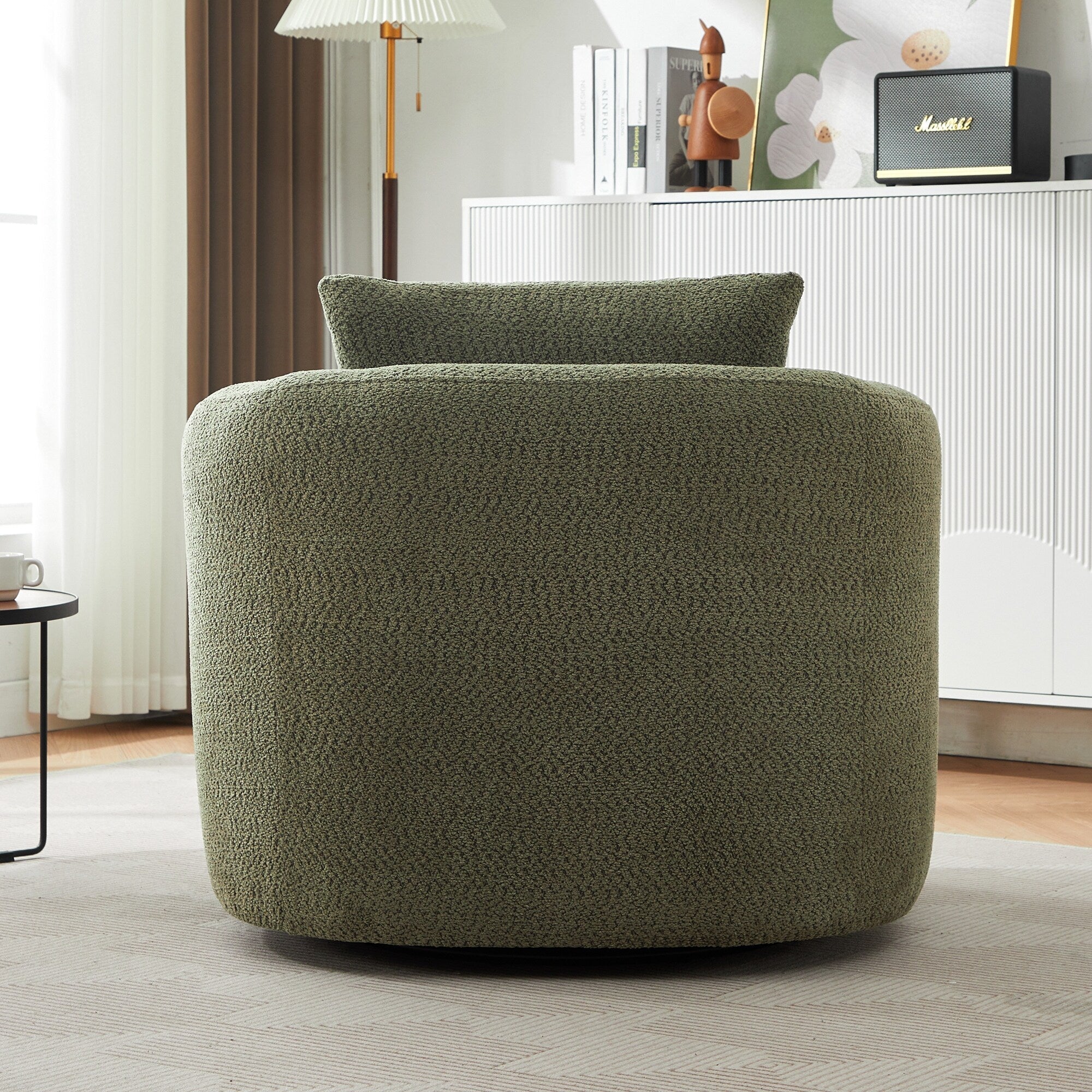 360¡ã Swivel Chair, 38.2 Boucle Accent Chair with Throw Pillow, Upholstered Barrel Sofa Chair with Curved Armrests