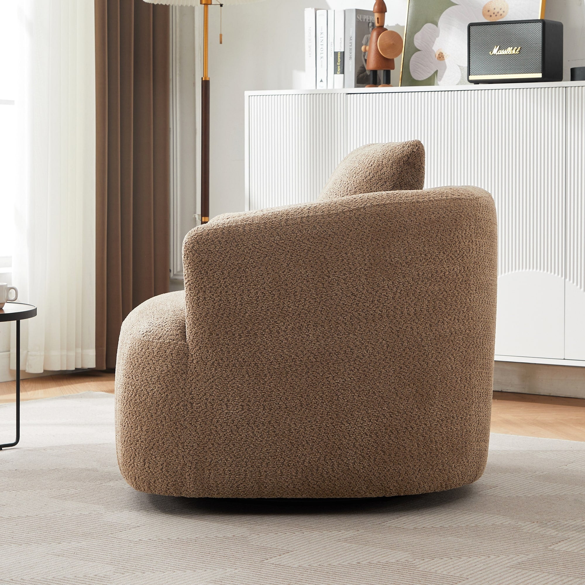 360¡ã Swivel Chair, 38.2 Boucle Accent Chair with Throw Pillow, Upholstered Barrel Sofa Chair with Curved Armrests