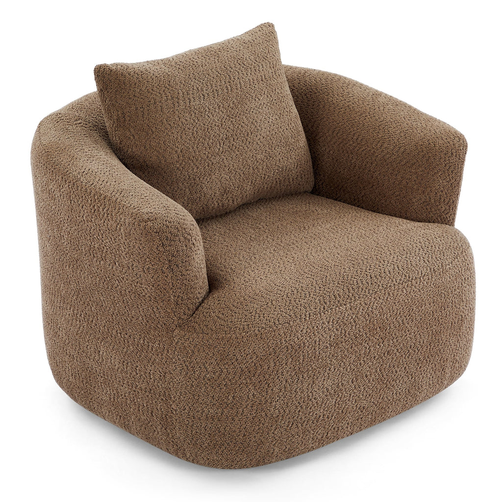 360¡ã Swivel Chair, 38.2 Boucle Accent Chair with Throw Pillow, Upholstered Barrel Sofa Chair with Curved Armrests