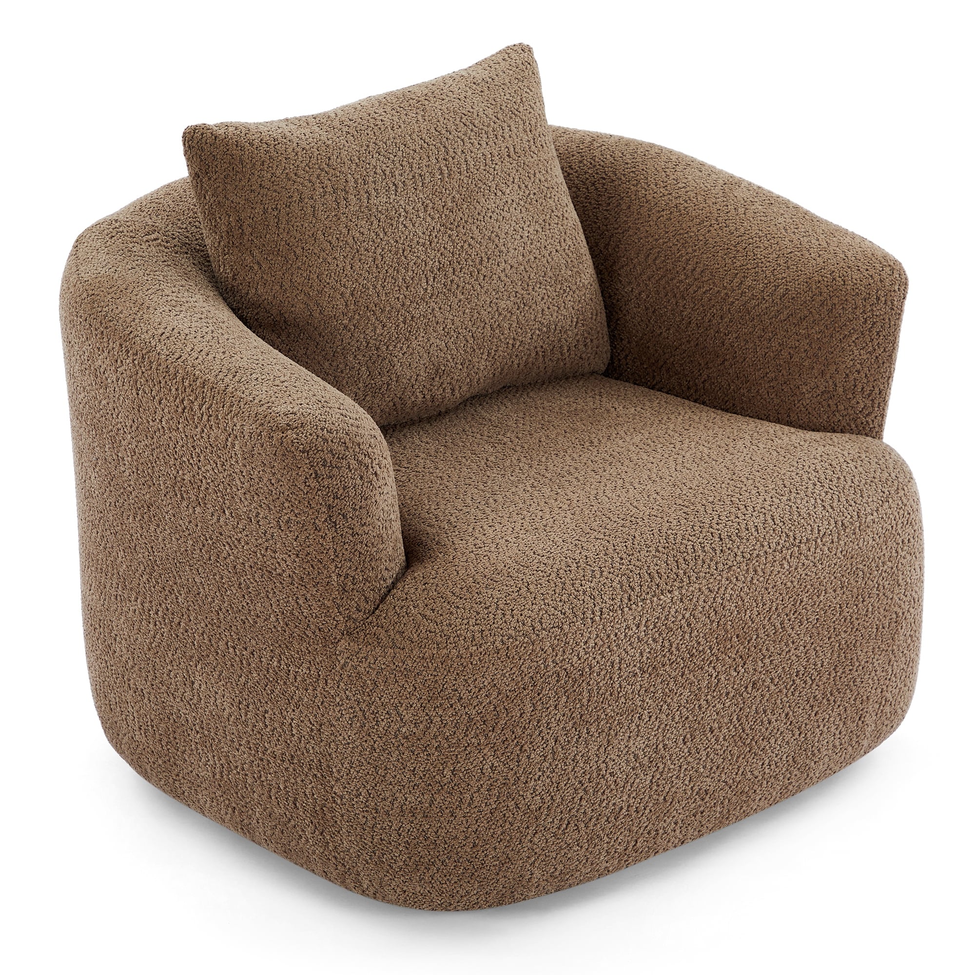 360¡ã Swivel Chair, 38.2 Boucle Accent Chair with Throw Pillow, Upholstered Barrel Sofa Chair with Curved Armrests
