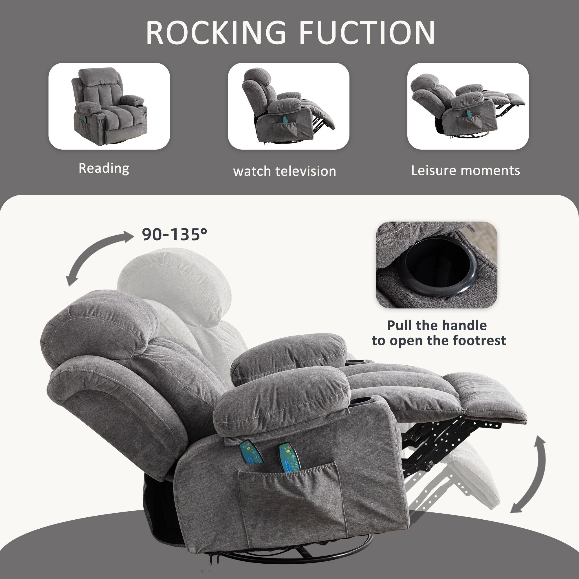 360¡ã Swivel Recliner Chair with Massage, Heat, USB, and Cup Holders