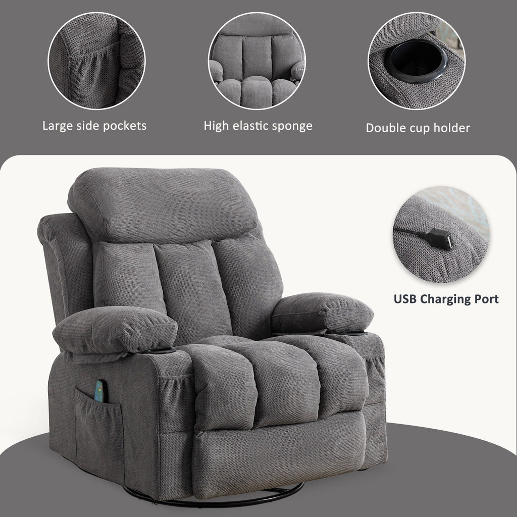 360¡ã Swivel Recliner Chair with Massage, Heat, USB, and Cup Holders