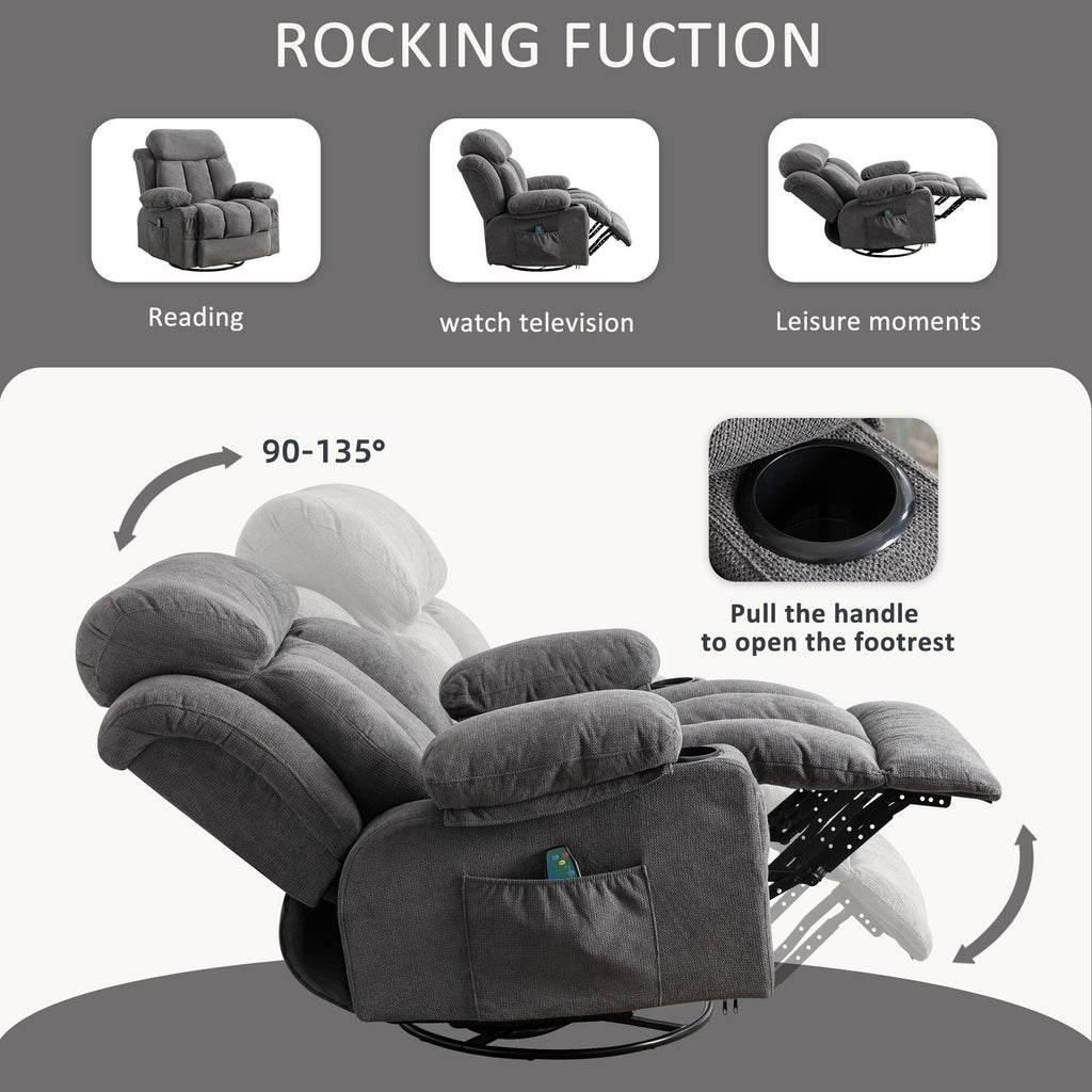 360¡ã Swivel Recliner Chair with Massage, Heat, USB, and Cup Holders
