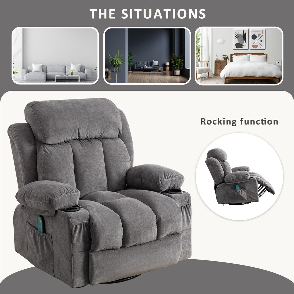 360¡ã Swivel Recliner Chair with Massage, Heat, USB, and Cup Holders