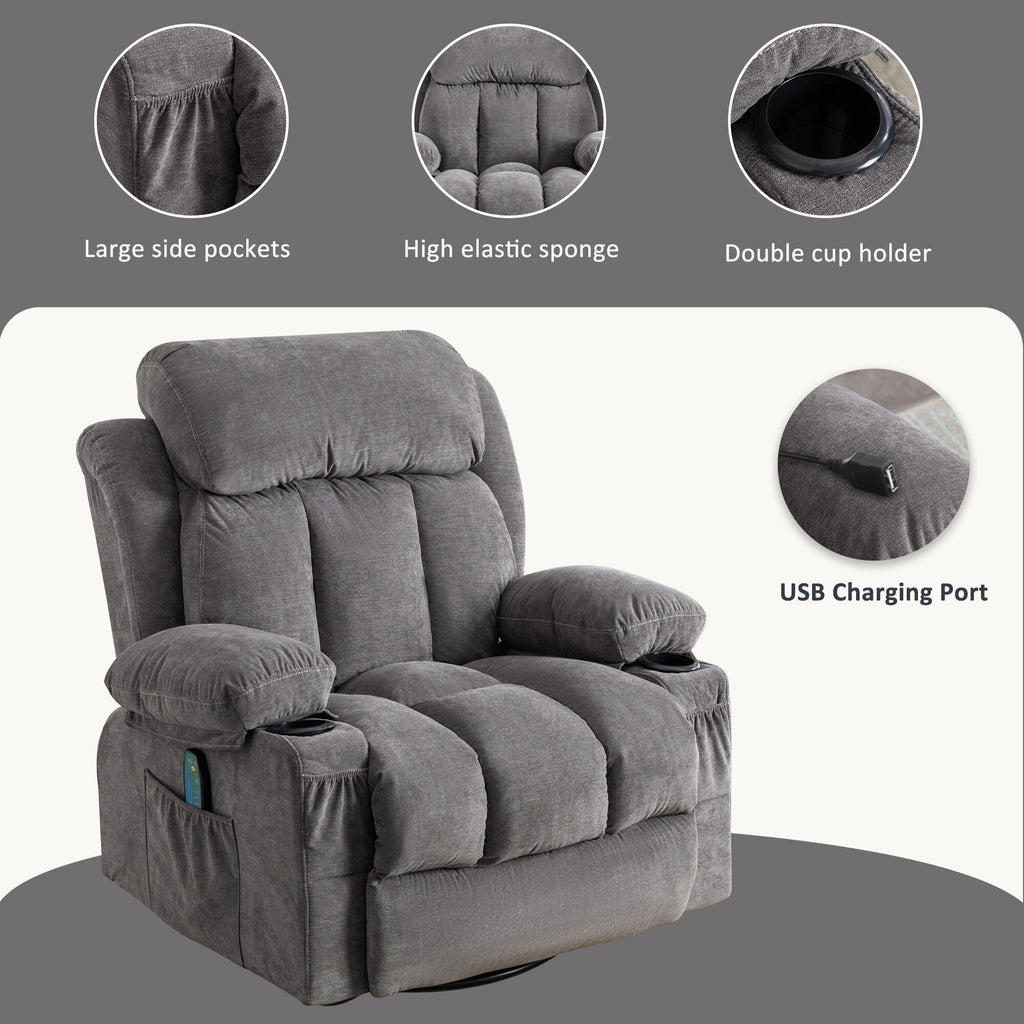 360¡ã Swivel Recliner Chair with Massage, Heat, USB, and Cup Holders