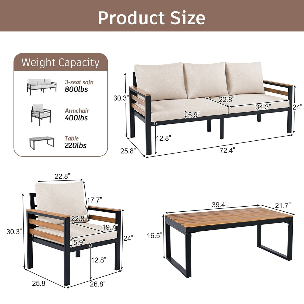 4-Piece Outdoor Sofa Set for 5 People with Removable Cushion & Solid Wood Coffee Table