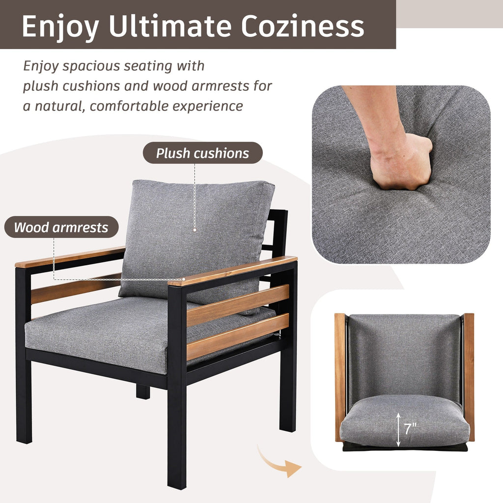 4-Piece Outdoor Sofa Set for 5 People with Removable Cushion & Solid Wood Coffee Table