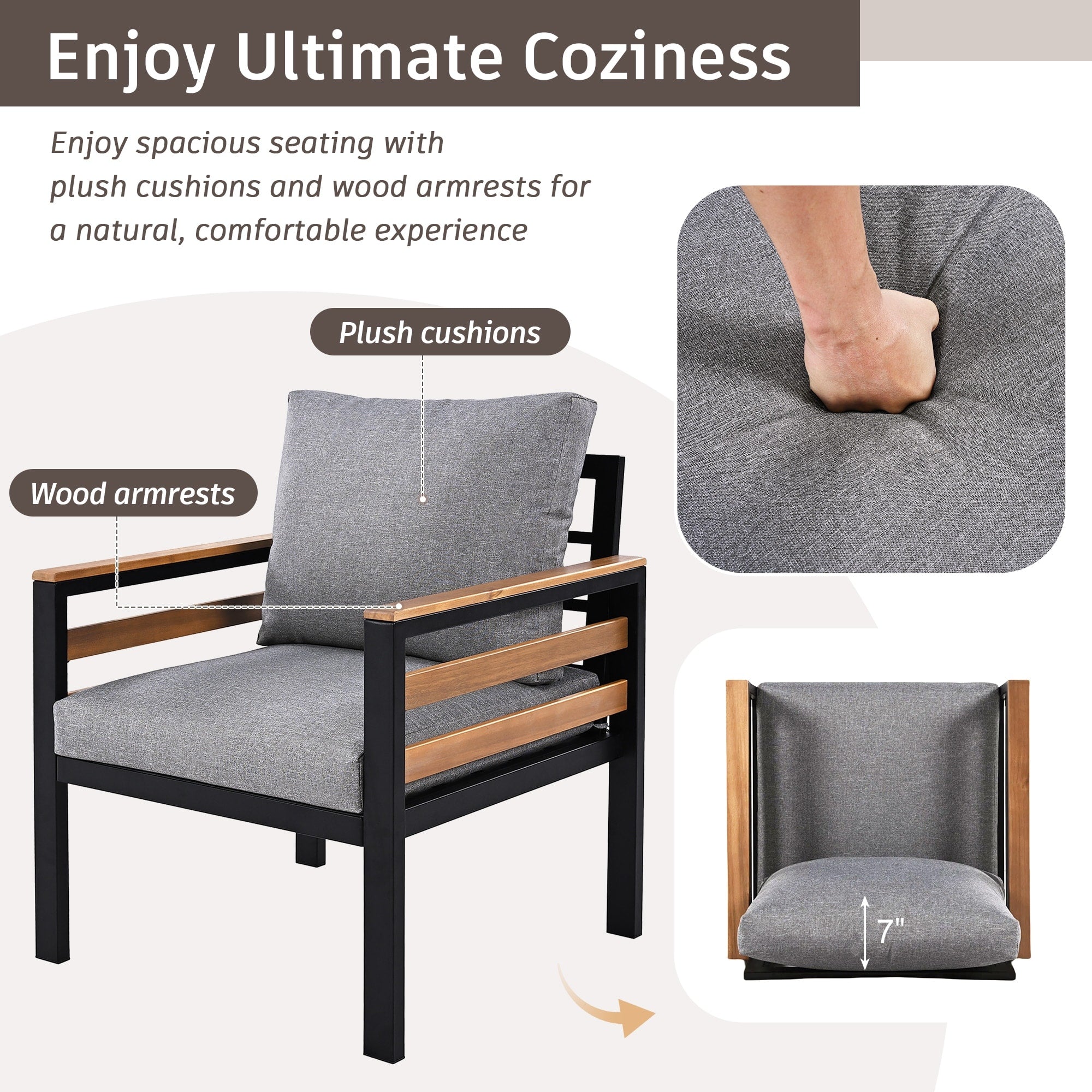 4-Piece Outdoor Sofa Set for 5 People with Removable Cushion & Solid Wood Coffee Table